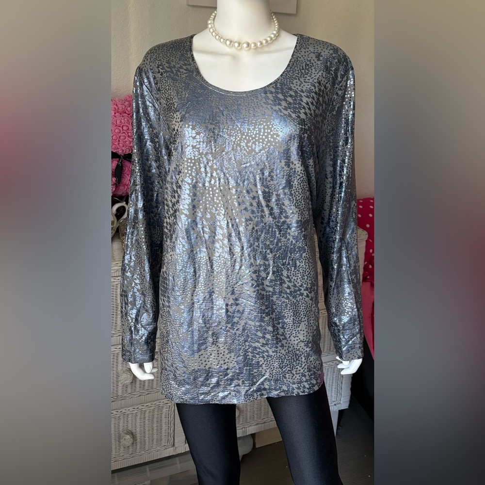 Chico’s Knit Metallic Top Stretchy long sleeve in blue & grey Plus Size 2XL